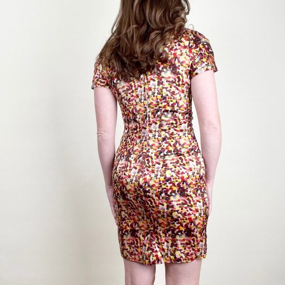Vintage 100% Silk Kaleidoscope Multicolor Short Sleeve Mini Fitted Sheath Dress - Picture 2 of 8